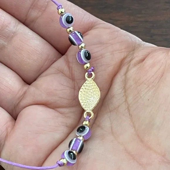 Evil eye purple bead gold tone adjustable bracelet - Picture 3 of 5
